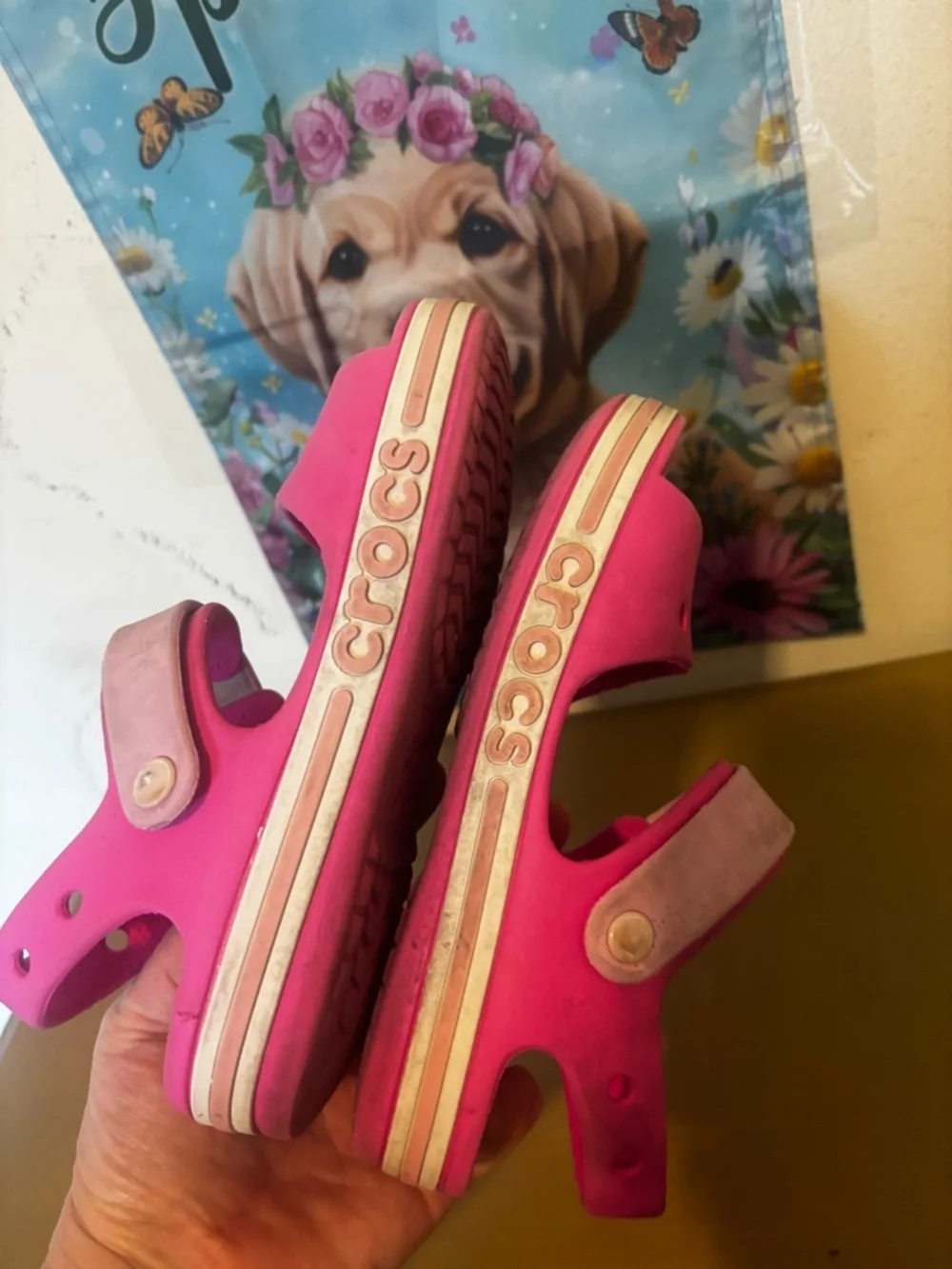 CROCS J3 Kids Pink Open-Toe Sandals with Hook-and-Loop Strap